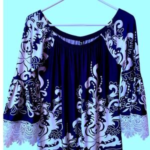 White Mark Navy White Paisley Bell Sleeve Lace Trim Tunic Dress M